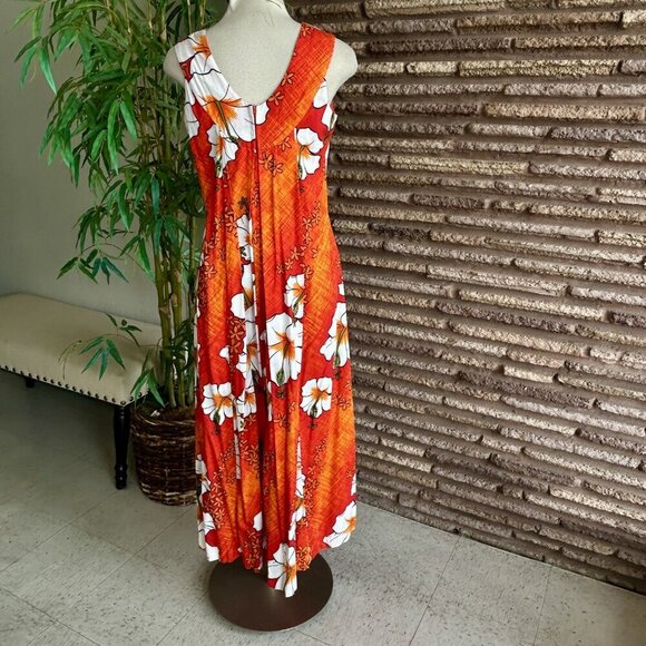 Vintage 60s Hawaiian Orange Floral Tiki Barkcloth Maxi Dress from Penney's - Picture 6 of 11